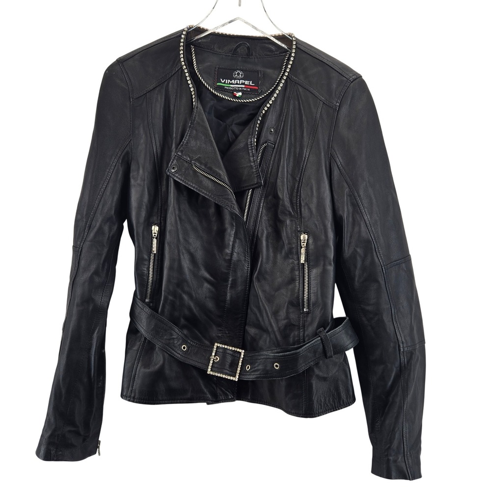 Vimapel Black Leather Moto Jacket Rhinestone Collar Belted Made in Italy Medium‎